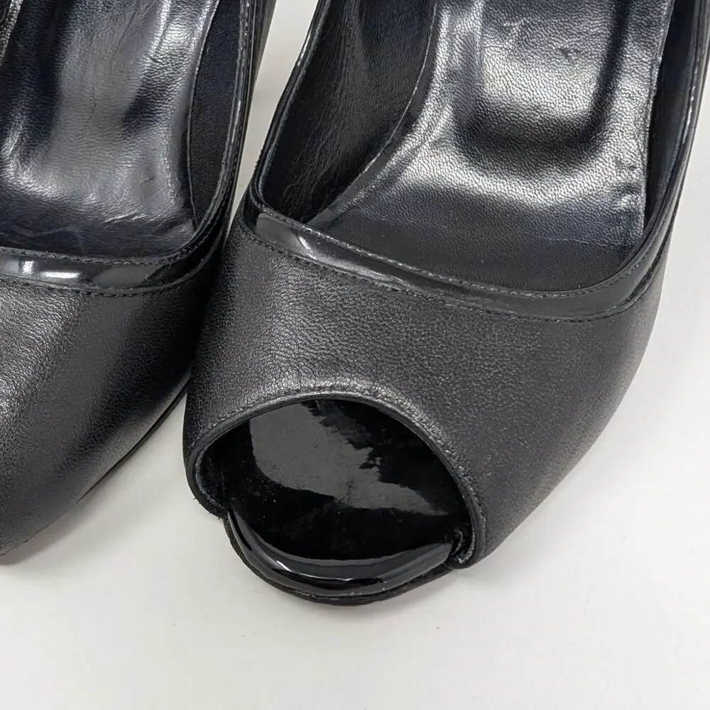 Chanel Black Leather Patent CC Logo Peep Toe Pumps Heels 36